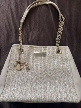 Marc New York Cream Woven Shoulder Tote with Gold Chain Details